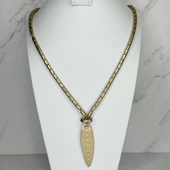 Chico's Beaded Hammered Metal Pendant Gold Tone Necklace ✨ - Picture 1 of 10